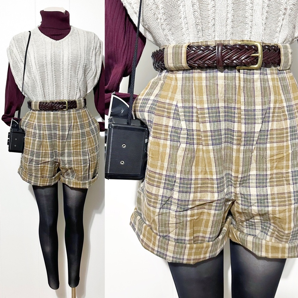 90’s Brown Retro Plaid Linen High Waisted Shorts | Vintage